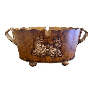Vintage Neoclassical Faux Bois Tole Cachepot With Laurel Wreath Mounts For Sale