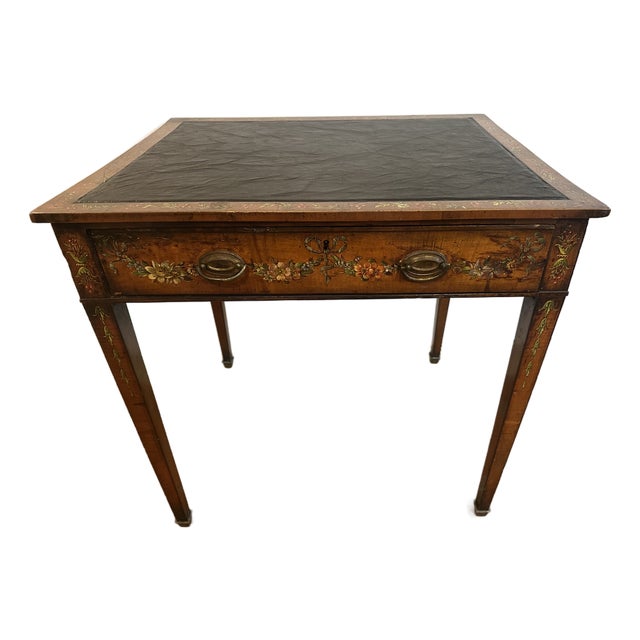 18th Century French Hand Painted Walnut & Leather Side Table For Sale