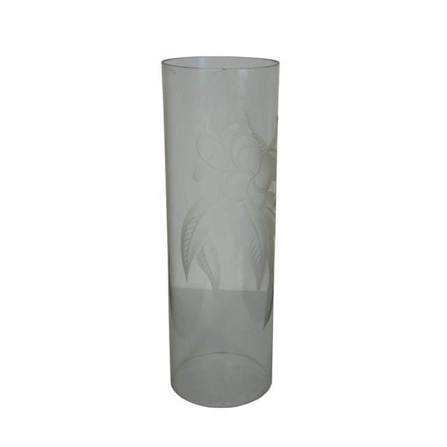 Contemporary Pair of Large Late 20th Century Floral Etched Tall Glass Cylinder Hurricane Candle Shades For Sale - Image 3 of 12