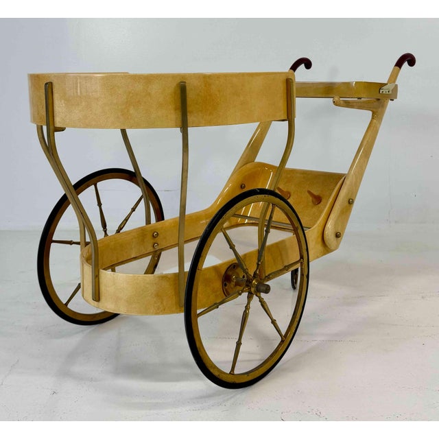Beige Vintage Italian Bar Cart in Parchment and Brass by Aldo Tura, 1960s For Sale - Image 8 of 9