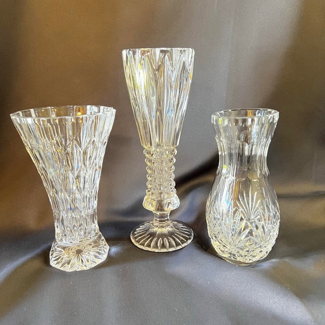 Contemporary Vintage Crystal Bud Vase Trio Sculptural Cut Glass Curated Collection For Sale - Image 3 of 9
