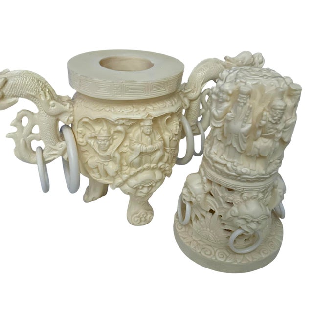 Vintage Asian Faux Ivory Vase With Ornate Sculptures and Dragon Handles For Sale - Image 12 of 12