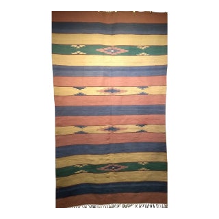 Vintage American Southwestern Kilim, Flat-Woven Multicolor Wide Stripe Pattern, 5x8 For Sale