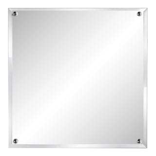 Vintage Square Beveled Glass Wall Mirror With Metal Corner Caps, 26” × 26”, Frameless Hollywood Regency Style For Sale