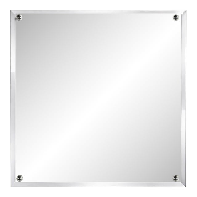 Vintage Square Beveled Glass Wall Mirror With Metal Corner Caps, 26” × 26”, Frameless Hollywood Regency Style For Sale