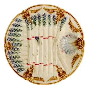 Antique French Barbotine Asparagus Plate With Scalloped Sauce Well, Circa 1890