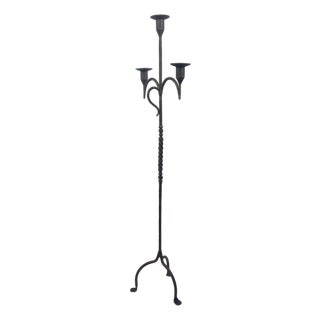 Hand Forged Iron Floor Candelabra 50.5″ (128cm) Antique Copper Patina 3-Arm Twist & Scroll Design Rustic Wedding Decor For Sale