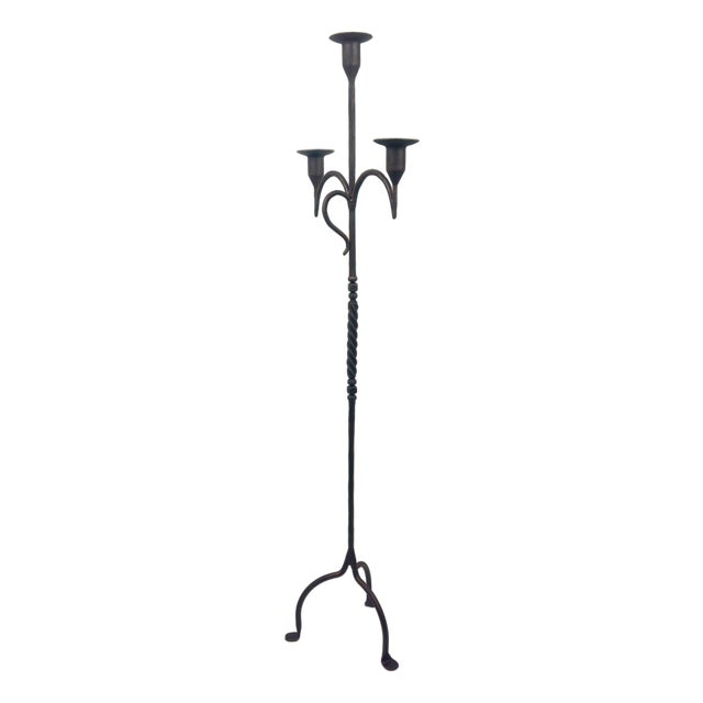 Hand Forged Iron Floor Candelabra 50.5″ (128cm) Antique Copper Patina 3-Arm Twist & Scroll Design Rustic Wedding Decor For Sale