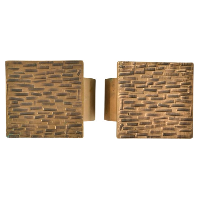 Brutalist Bronze Square Push Pull Door Handles with Embossed Relief, 1970s, Set of 2 For Sale