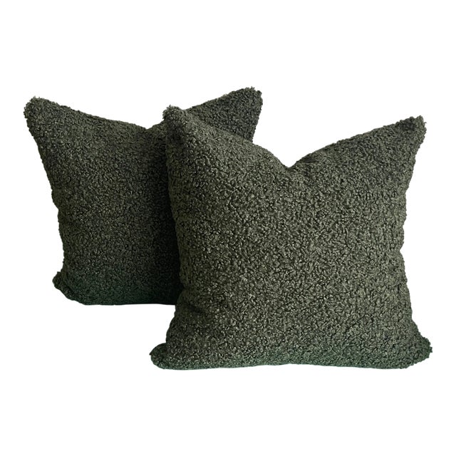 Forrest Green Teddy Boucle Pillows With Inserts (Pair) For Sale