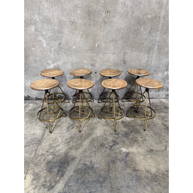 Arteriors Home Arteriors Wyndham Swivel Counter Stools Set of 8 Natural Wax Wood Vintage Brass For Sale - Image 4 of 10