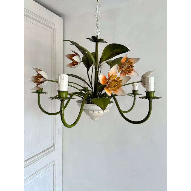 Vintage French Painted Tole 5-Light Water Lily Chandelier, 1960s For Sale - Image 4 of 18