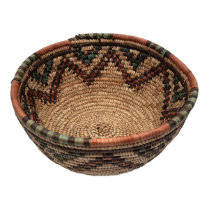 Large Vintage Indigenous Coiled Basket – Geometric Zigzag Design, 10”