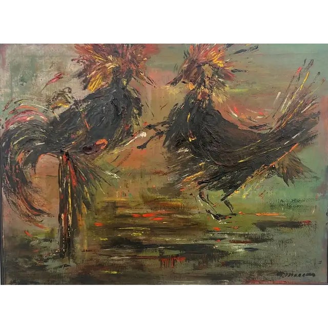 Alice Marcus " the Cockfight " Oil Painting on Canvas , Signed & Framed 1981 For Sale - Image 4 of 12