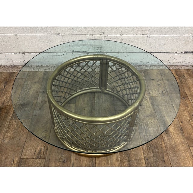 Wood Vintage Boho Style Rattan and Glass Round Coffee Table Cocktail Table For Sale - Image 7 of 15