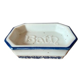 Vintage Blue & White Porcelain Soap Dish, "Bath" For Sale