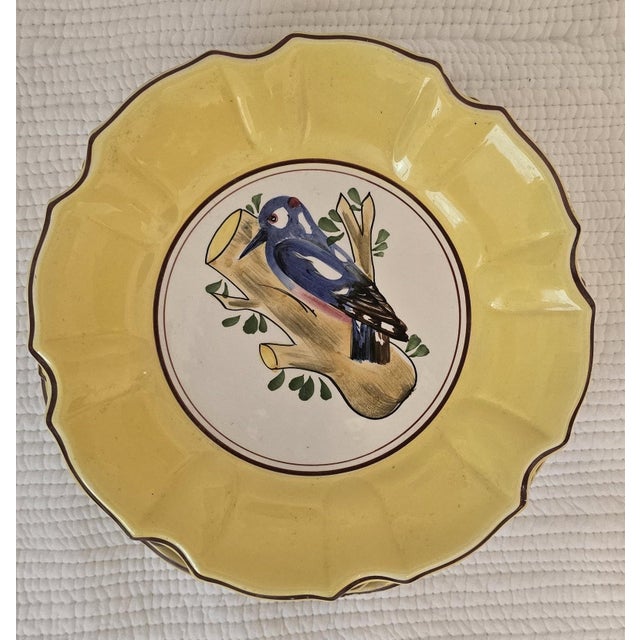 Set of six hand-painted decorative plates, each featuring a finely rendered bird perched on a branch, centered within a...