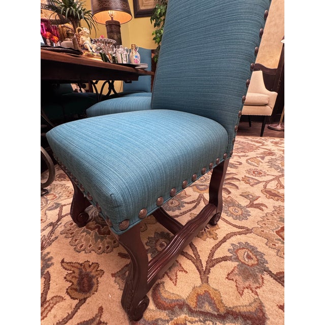 Set of 8 Designmaster “Strasbourg” French Carved Dining Chairs in Peacock Blue For Sale - Image 11 of 12