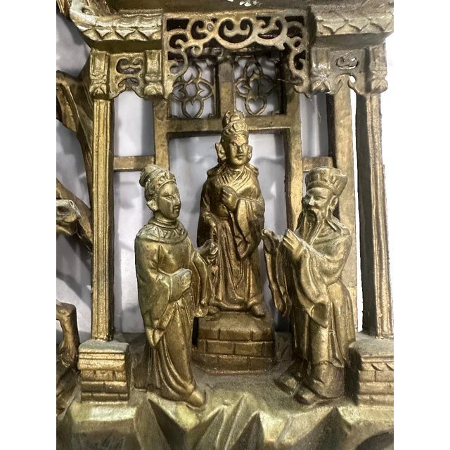 Antique Chinese Gilt Carved Wood Wall Panel, Battle Scene Relief For Sale - Image 12 of 15