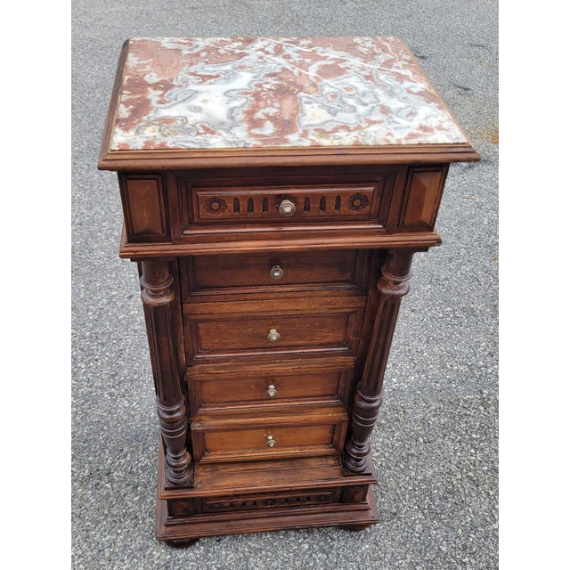 19th Century French Antique Walnut Marble Top Bedside Cabinet Nightstand For Sale - Image 4 of 18