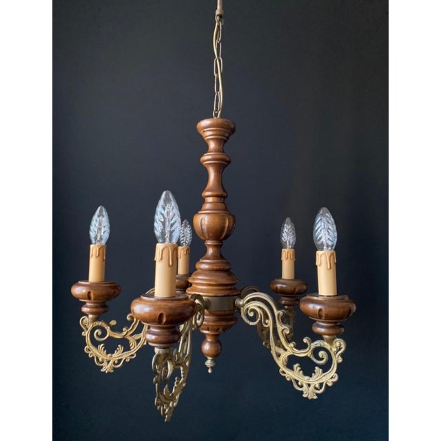 Antique Wood and Brass Chandelier, 1960s For Sale - Image 11 of 11