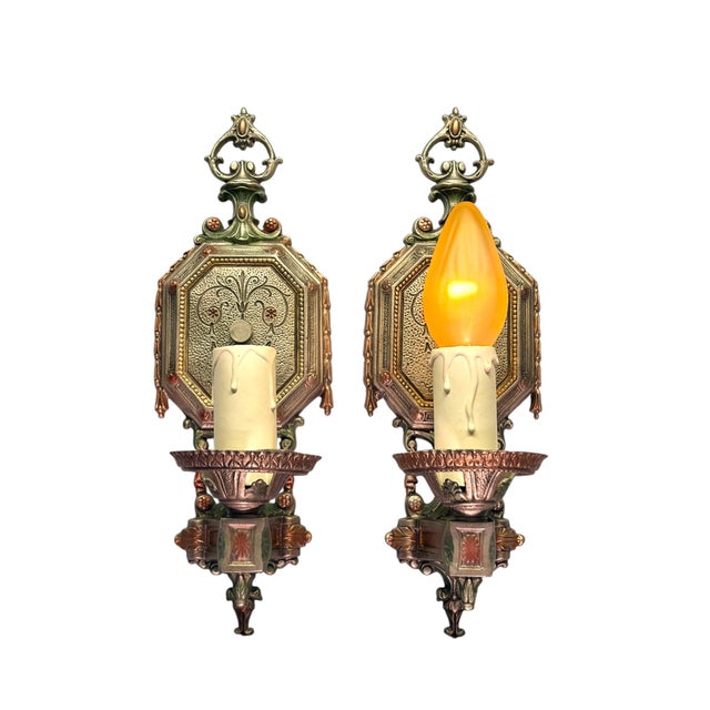Metal 1920s Cast Aluminum Wall Sconces With Silver Red and Green Finish - Pair For Sale - Image 7 of 13