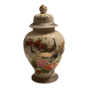 Mid Century Japanese Satsuma Crackled Jar With Lid, Red Stamped