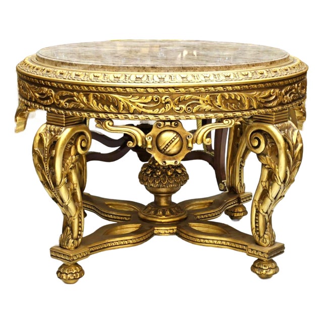 French Style Center Table – Fully Gold Leaf Gilded With Marble Top For Sale