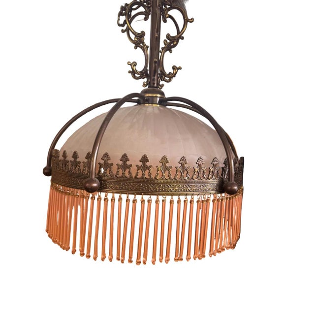 1920s/30s Frosted Glass Dome Chandelier With Brass Crown Detailing and Pink Blown Glass Beads For Sale - Image 4 of 9