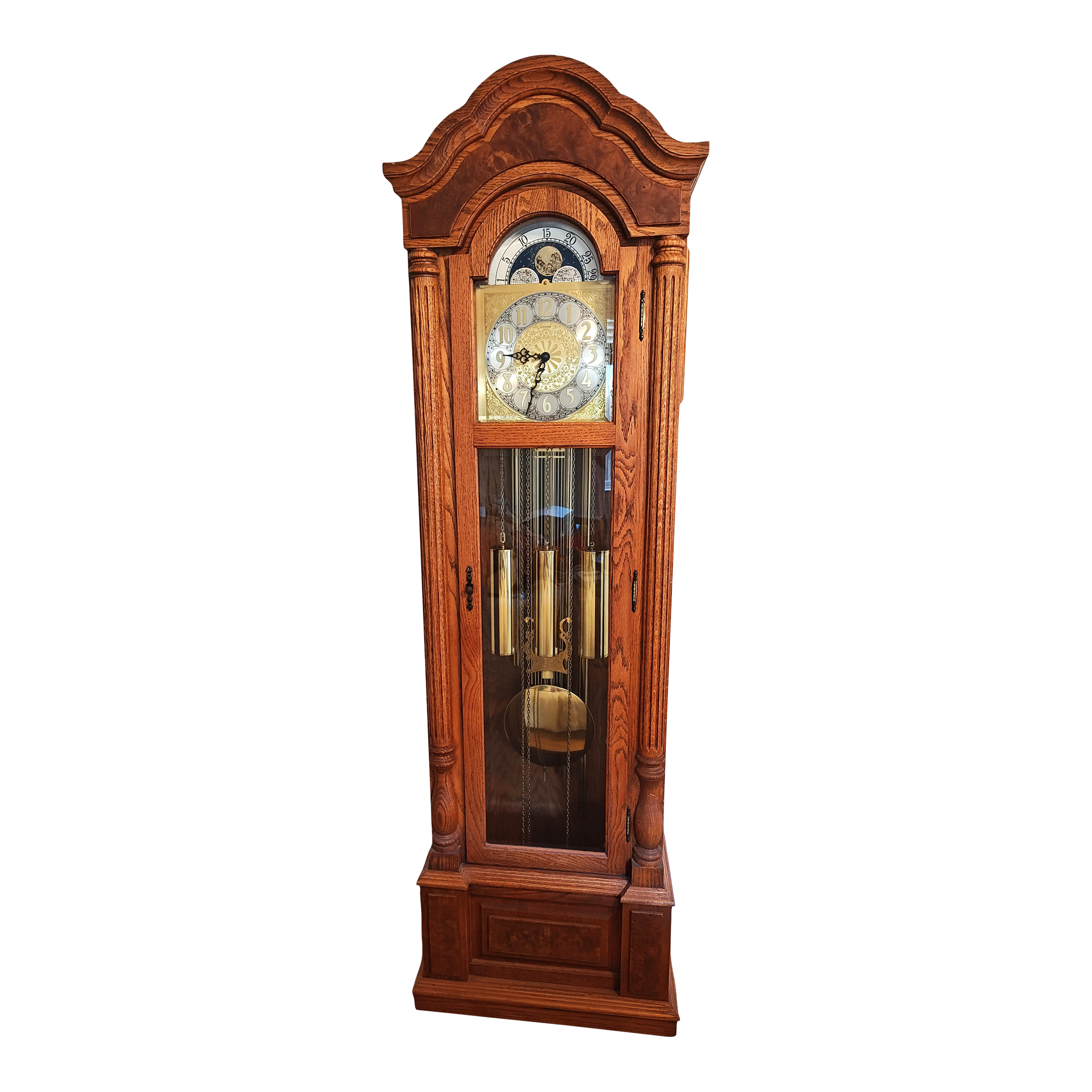 1980s Emperor Clock Company Solid Oak Grandfather Clock Weight