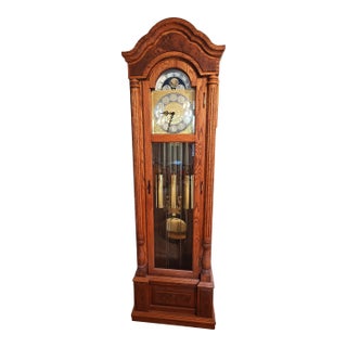 1980s Emperor Clock Company Solid Oak Grandfather Clock Weight Driven Longcase Clock For Sale