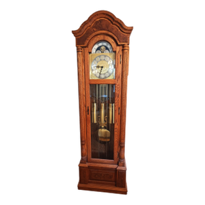 1980s Emperor Clock Company Solid Oak Grandfather Clock Weight Driven Longcase Clock