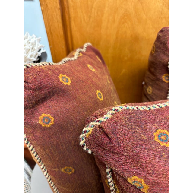 Set of 5 Down Filled Pillows Covered in Deep Red and Saffron Yellow Fabric and Pink, Green and Burgu For Sale - Image 4 of 11