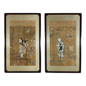 Pair of Framed Chinese Wall Panels, Silk Embroidery, Immortals, C. 1890
