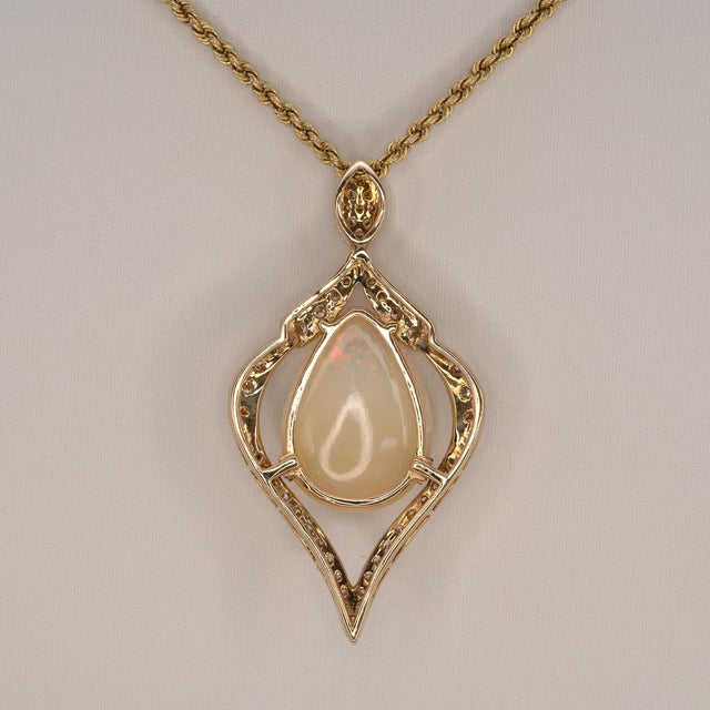 White Ethiopian Opal With Natural Diamond Accents: Solid 14k Gold - Pear Cut 18x13mm For Sale - Image 8 of 8
