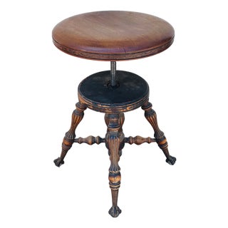 Early 1900s Oak Wood Piano Stool With Glass Ball Claw Feet For Sale