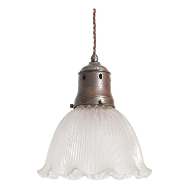 Large Vintage Glass Holophane Frill Pendant Light, 1940s For Sale