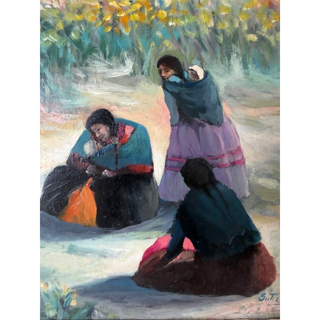 Beautiful vintage impressionist figural landscape oil painting depicting three women gathered in a serene outdoor setting....