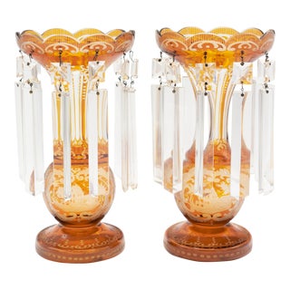 Pair of Egermann Bohemian Amber Etched Glass Mantle Lusters For Sale