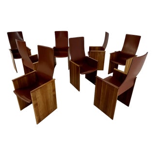 Vintage Torcello Walnut and Leather Chairs by Afra & Tobia Scarpa for Stildomus, 1960s, Set of 8 For Sale