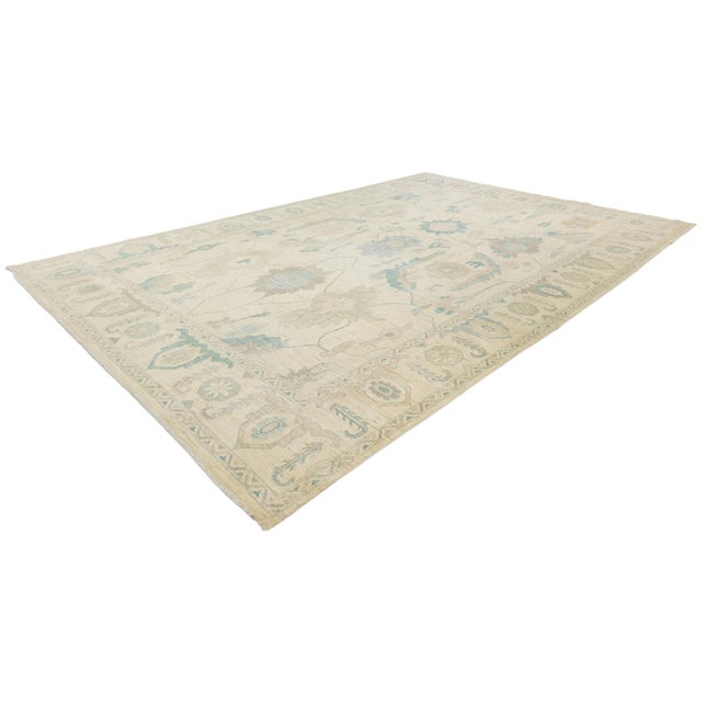 Modern Oushak Style Hand-Knotted Wool Area Rug in Neutral Beige & Soft Teal For Sale - Image 12 of 12