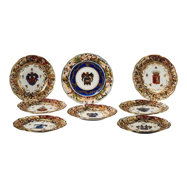 Set of 8 Antique Capodimonte Armorial Crest Cabinet Plates For Sale