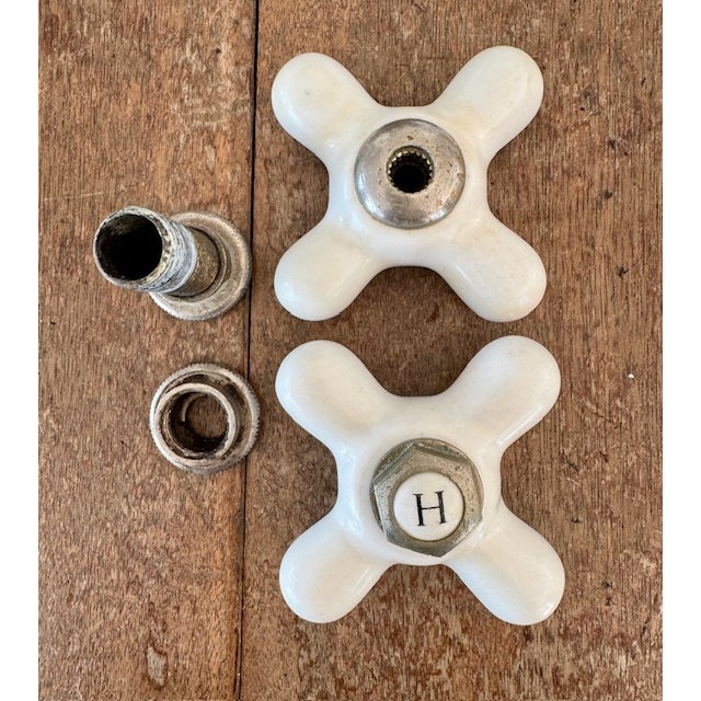 Early 20th Century Vintage Porcelain Bathroom Faucet Knobs & Escus For Sale - Image 5 of 8