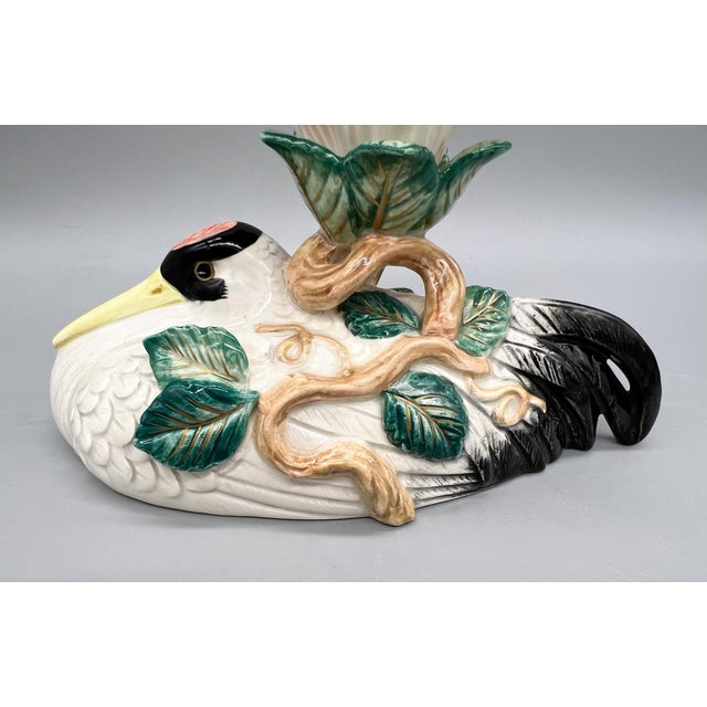 1996 Fitz & Floyd Crane & Lily Ceramic Candlestick Holder – Chinoiserie / Hollywood Regency For Sale - Image 11 of 12