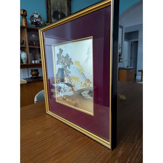 Japanese Vintage Japanese Mixed-Media Chokin Metal Relief Art Plaque Frame Signed Hideaki For Sale - Image 3 of 10