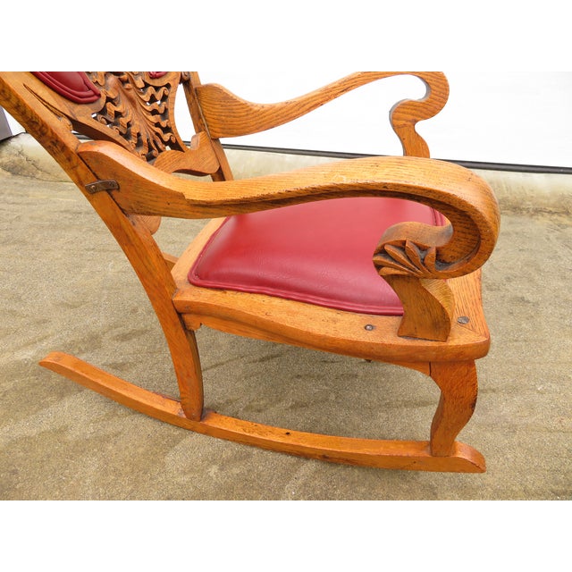 Antique Carved Oak Green Man Rocking Chair in Red Tufted Leather ~ Northwind Face For Sale - Image 10 of 17