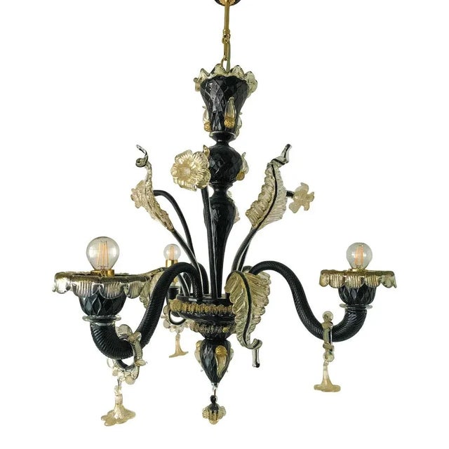 Metal Venetian Black and Gold Murano Style Glass Chandelier with Flowers and Leaves from Simoeng For Sale - Image 7 of 7