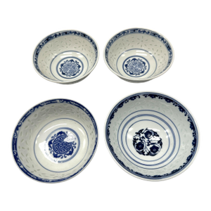 Vintage Set of 4 Jingdezhen Rice Grain Blue & White Porcelain Bowls