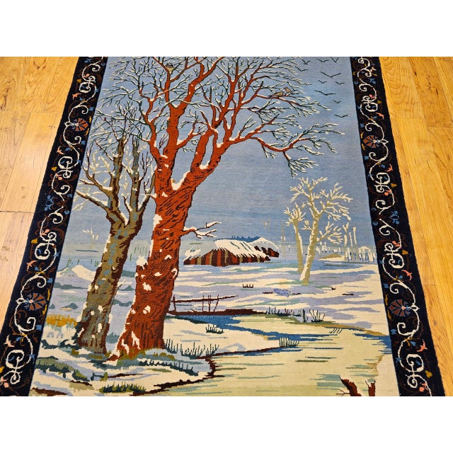Vintage Persian Tabriz Pictorial Rug, Hand-Knotted Wool, Winter Forest Scene, Blue & Ivory, 4x6 For Sale - Image 10 of 16