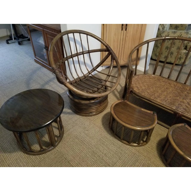Wood Ficks & Reed Style Crescent Sofa Rattan Pecan Patio Bamboo Chair Stool Papasan Set - 6 Pcs For Sale - Image 7 of 12